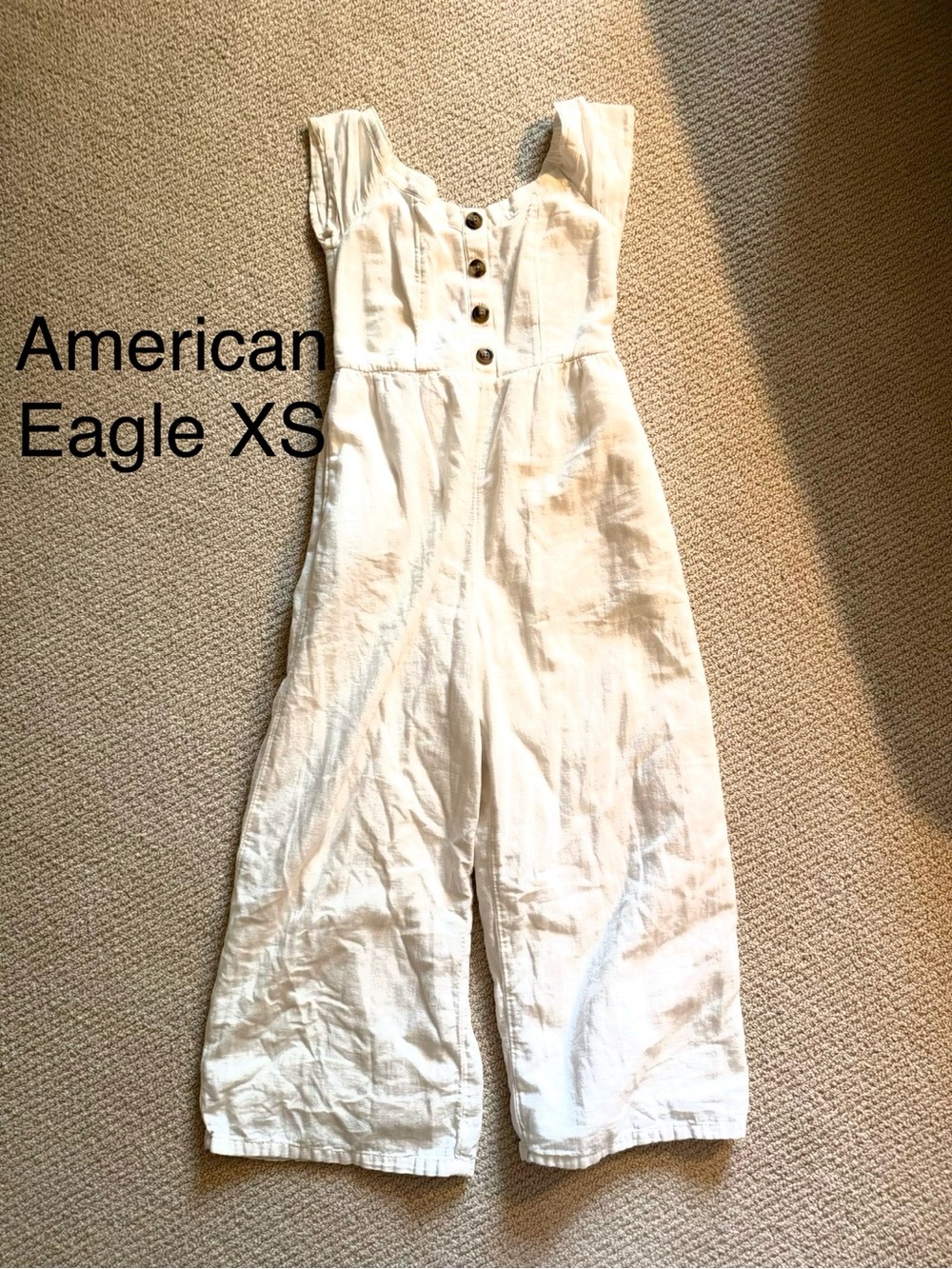 American Eagle Outfitters Cream Button-Front Wide-Leg Jumpsuit xs
